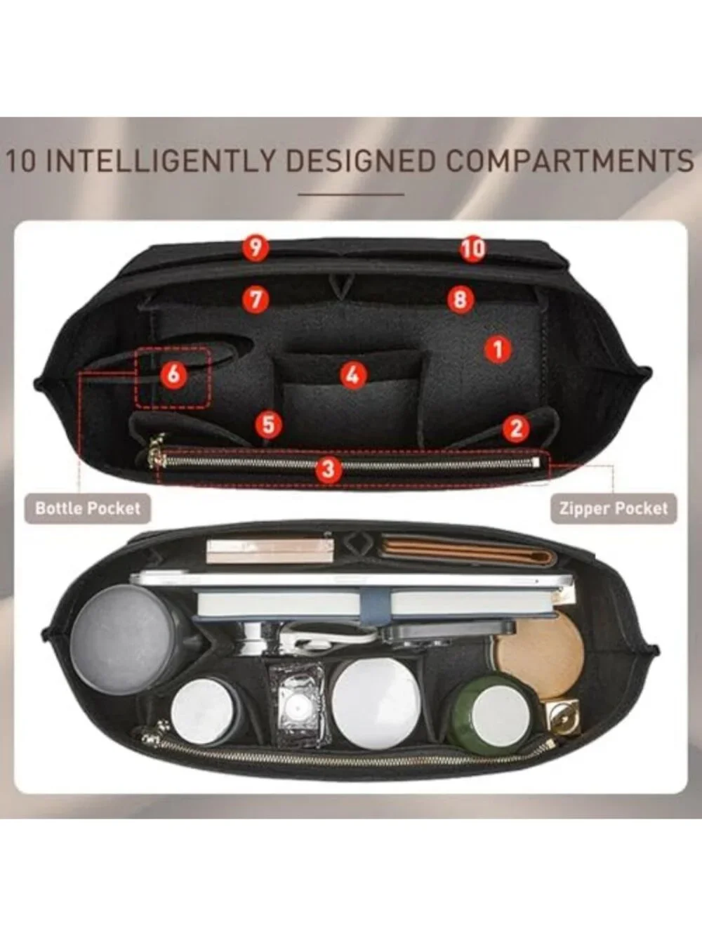 Purse Organizer Insert Set - Felt Handbag Base Shaper with Zipper Pocket